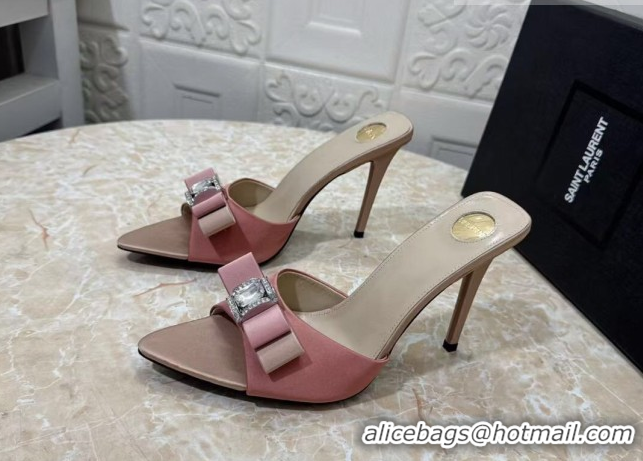 Best Price Saint Laurent Satin Heel Slides Sandal 10.5cm with Bow Pink 2026 SL022402