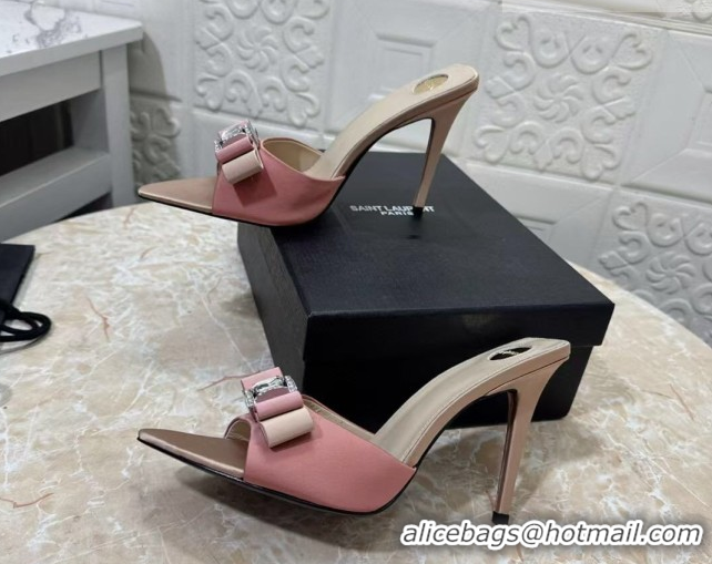 Best Price Saint Laurent Satin Heel Slides Sandal 10.5cm with Bow Pink 2026 SL022402