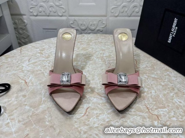 Best Price Saint Laurent Satin Heel Slides Sandal 10.5cm with Bow Pink 2026 SL022402