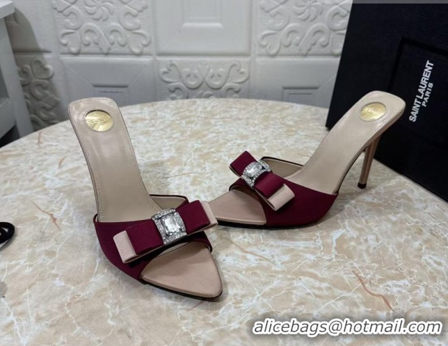 Pretty Style Saint Laurent Satin Heel Slides Sandal 10.5cm with Bow Burgundy 2026 SL022402