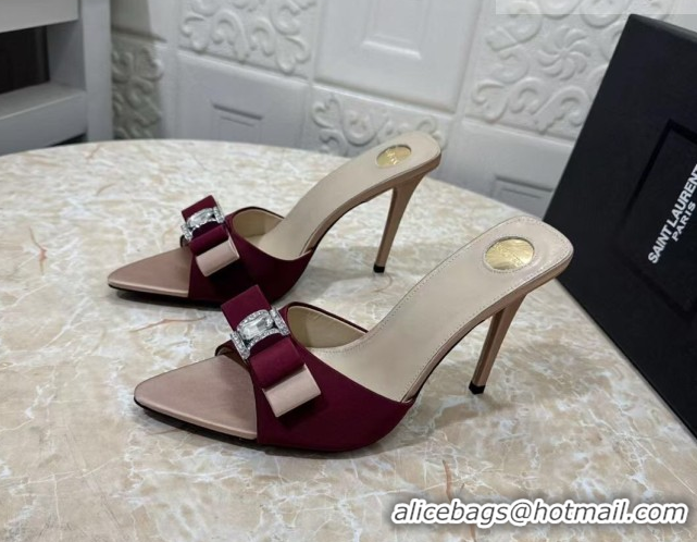 Pretty Style Saint Laurent Satin Heel Slides Sandal 10.5cm with Bow Burgundy 2026 SL022402