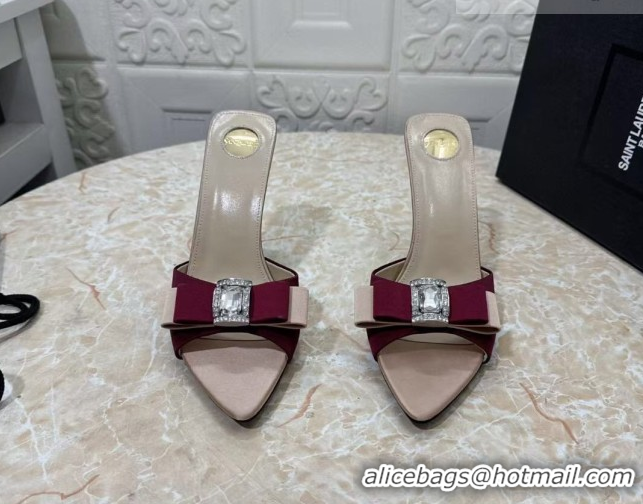 Pretty Style Saint Laurent Satin Heel Slides Sandal 10.5cm with Bow Burgundy 2026 SL022402