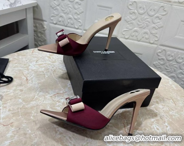 Pretty Style Saint Laurent Satin Heel Slides Sandal 10.5cm with Bow Burgundy 2026 SL022402
