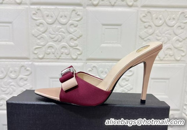 Pretty Style Saint Laurent Satin Heel Slides Sandal 10.5cm with Bow Burgundy 2026 SL022402