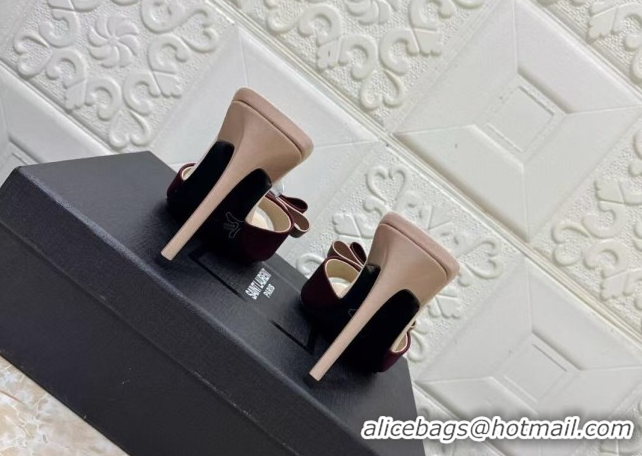 Pretty Style Saint Laurent Satin Heel Slides Sandal 10.5cm with Bow Burgundy 2026 SL022402