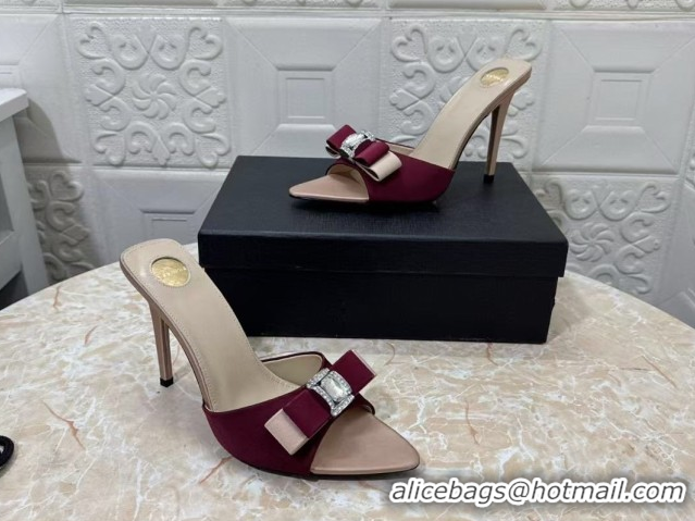Pretty Style Saint Laurent Satin Heel Slides Sandal 10.5cm with Bow Burgundy 2026 SL022402