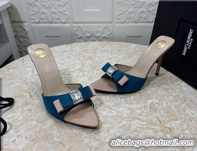Top Grade Saint Laurent Satin Heel Slides Sandal 10.5cm with Bow Blue 2026 SL022402