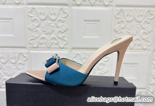 Top Grade Saint Laurent Satin Heel Slides Sandal 10.5cm with Bow Blue 2026 SL022402