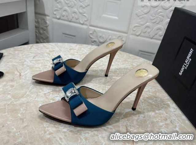 Top Grade Saint Laurent Satin Heel Slides Sandal 10.5cm with Bow Blue 2026 SL022402