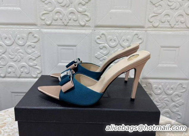 Top Grade Saint Laurent Satin Heel Slides Sandal 10.5cm with Bow Blue 2026 SL022402