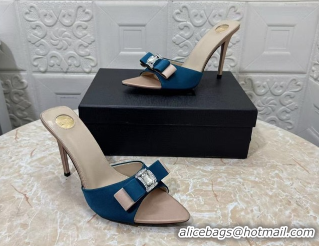 Top Grade Saint Laurent Satin Heel Slides Sandal 10.5cm with Bow Blue 2026 SL022402