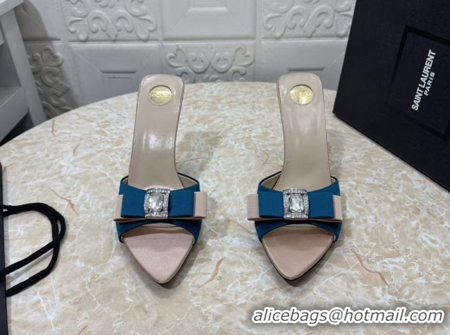 Top Grade Saint Laurent Satin Heel Slides Sandal 10.5cm with Bow Blue 2026 SL022402