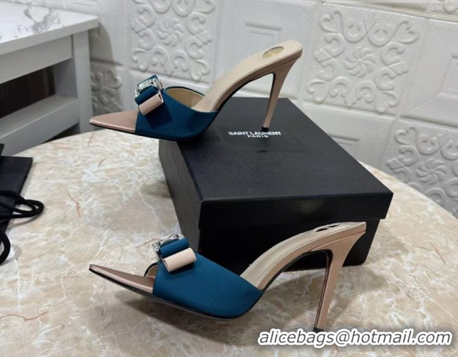 Top Grade Saint Laurent Satin Heel Slides Sandal 10.5cm with Bow Blue 2026 SL022402