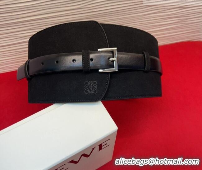 Free Shipping Discount Loewe Suede and Leather Waist Belt 12cm LW031701 Black 2026