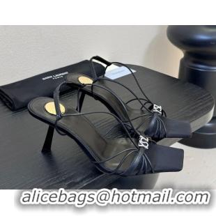Good Quality Saint Laurent Jerry Heel Sandals 8cm in Satin with Strap Black 2026 SL022403
