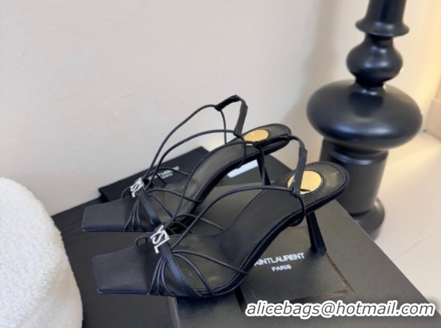 Good Quality Saint Laurent Jerry Heel Sandals 8cm in Satin with Strap Black 2026 SL022403