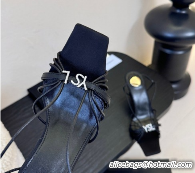 Good Quality Saint Laurent Jerry Heel Sandals 8cm in Satin with Strap Black 2026 SL022403