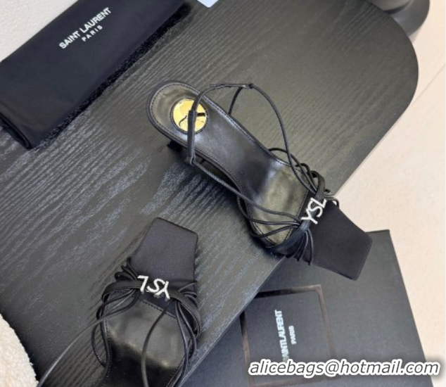 Good Quality Saint Laurent Jerry Heel Sandals 8cm in Satin with Strap Black 2026 SL022403