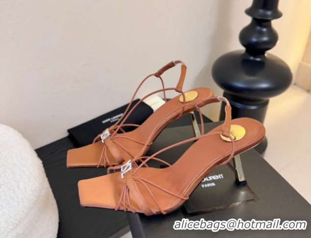 Good Looking Saint Laurent Jerry Heel Sandals 8cm in Satin with Strap Brown 2026 SL022403