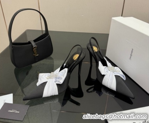 Grade Quality Saint Laurent Dove Slingback Pumps 10.5cm in Satin with Bow Black/White 2026 SL022404