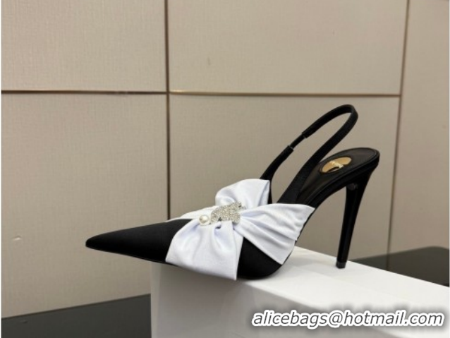 Grade Quality Saint Laurent Dove Slingback Pumps 10.5cm in Satin with Bow Black/White 2026 SL022404