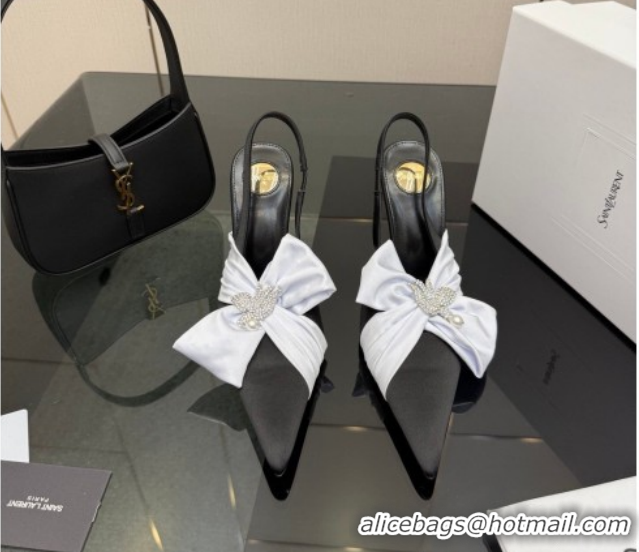 Grade Quality Saint Laurent Dove Slingback Pumps 10.5cm in Satin with Bow Black/White 2026 SL022404