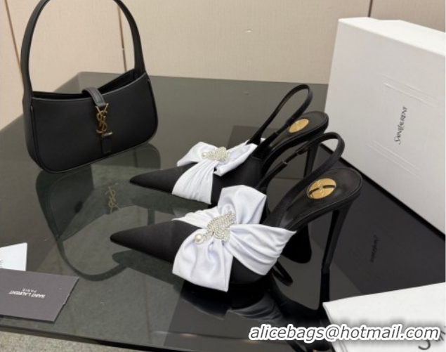 Grade Quality Saint Laurent Dove Slingback Pumps 10.5cm in Satin with Bow Black/White 2026 SL022404