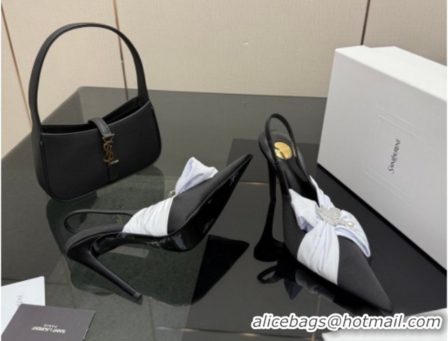 Grade Quality Saint Laurent Dove Slingback Pumps 10.5cm in Satin with Bow Black/White 2026 SL022404