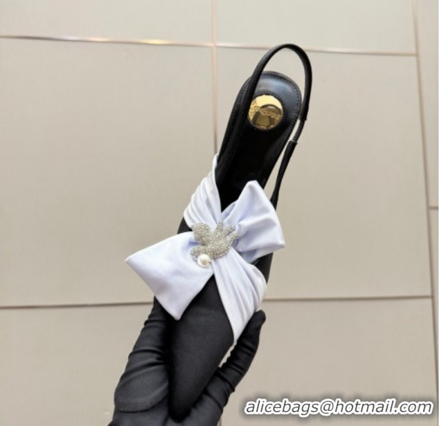 Grade Quality Saint Laurent Dove Slingback Pumps 10.5cm in Satin with Bow Black/White 2026 SL022404