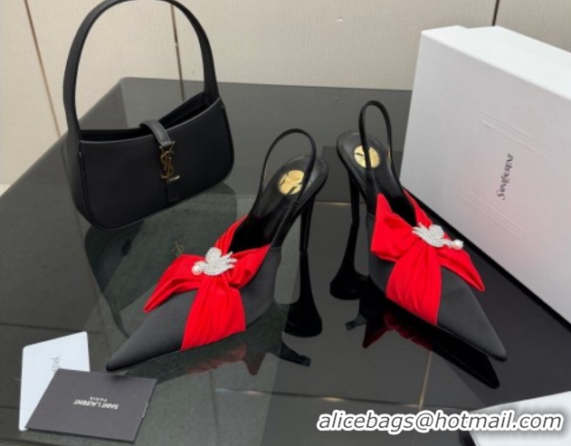 Low Cost Saint Laurent Dove Slingback Pumps 10.5cm in Satin with Bow Black/Red 2026 SL022404