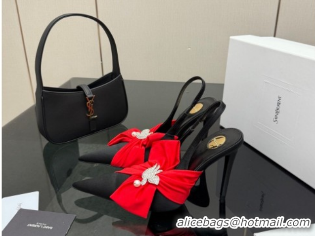 Low Cost Saint Laurent Dove Slingback Pumps 10.5cm in Satin with Bow Black/Red 2026 SL022404