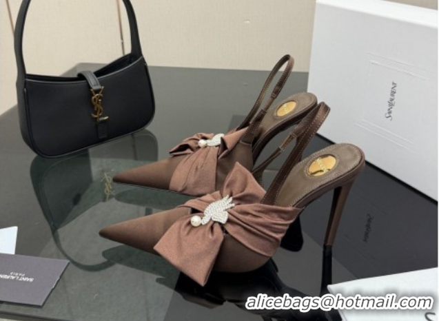 Durable Saint Laurent Dove Slingback Pumps 10.5cm in Satin with Bow Chocolate Brown 2026 SL022404