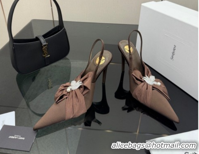 Durable Saint Laurent Dove Slingback Pumps 10.5cm in Satin with Bow Chocolate Brown 2026 SL022404