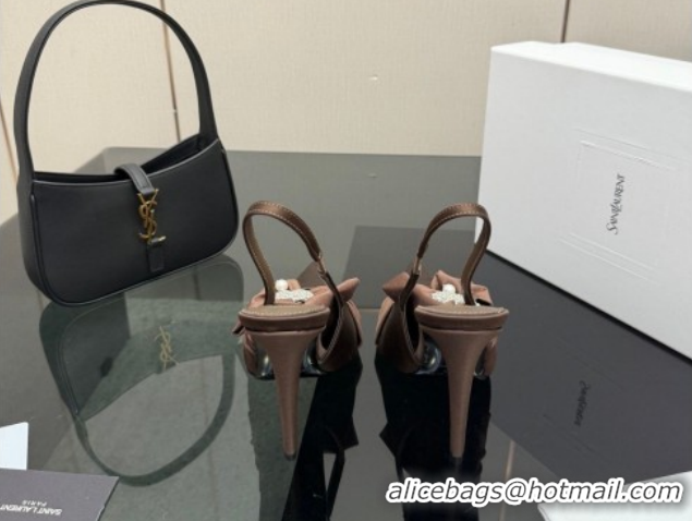 Durable Saint Laurent Dove Slingback Pumps 10.5cm in Satin with Bow Chocolate Brown 2026 SL022404
