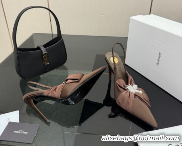 Durable Saint Laurent Dove Slingback Pumps 10.5cm in Satin with Bow Chocolate Brown 2026 SL022404