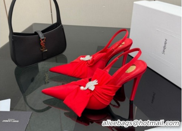 Best Grade Saint Laurent Dove Slingback Pumps 10.5cm in Satin with Bow Bright Red 2026 SL022404