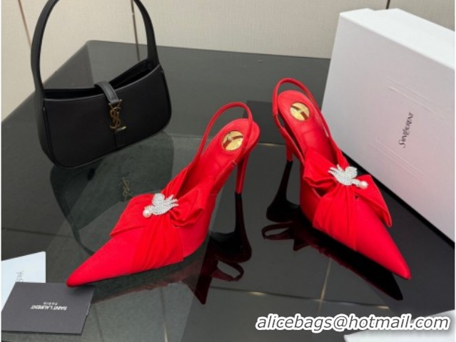 Best Grade Saint Laurent Dove Slingback Pumps 10.5cm in Satin with Bow Bright Red 2026 SL022404