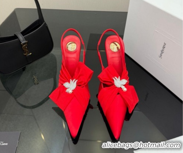 Best Grade Saint Laurent Dove Slingback Pumps 10.5cm in Satin with Bow Bright Red 2026 SL022404