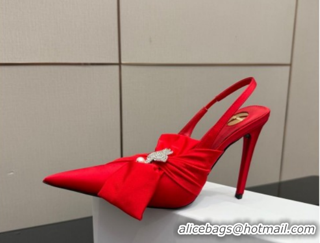 Best Grade Saint Laurent Dove Slingback Pumps 10.5cm in Satin with Bow Bright Red 2026 SL022404