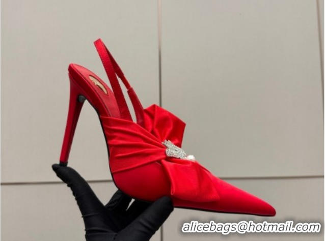 Best Grade Saint Laurent Dove Slingback Pumps 10.5cm in Satin with Bow Bright Red 2026 SL022404