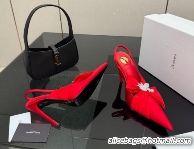 Best Grade Saint Laurent Dove Slingback Pumps 10.5cm in Satin with Bow Bright Red 2026 SL022404