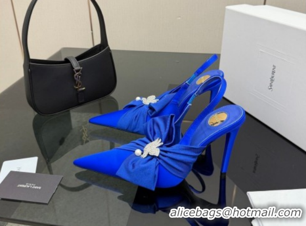 Popular Style Saint Laurent Dove Slingback Pumps 10.5cm in Satin with Bow Sky Blue 2026 SL022404