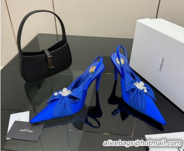 Popular Style Saint Laurent Dove Slingback Pumps 10.5cm in Satin with Bow Sky Blue 2026 SL022404