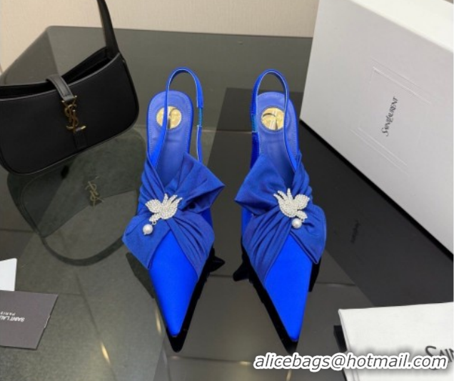 Popular Style Saint Laurent Dove Slingback Pumps 10.5cm in Satin with Bow Sky Blue 2026 SL022404
