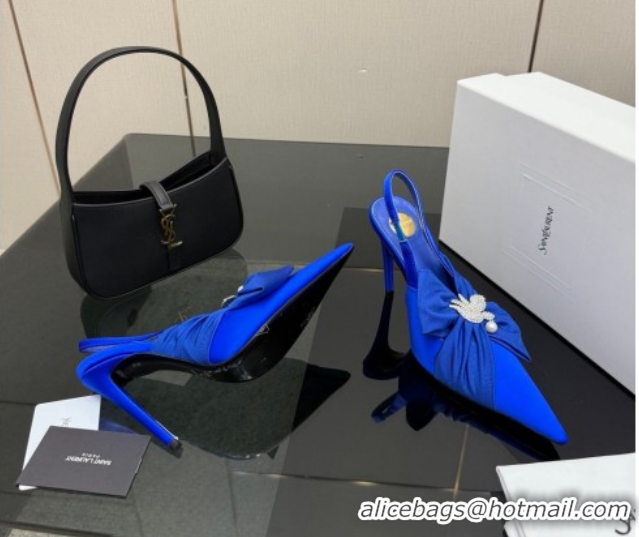 Popular Style Saint Laurent Dove Slingback Pumps 10.5cm in Satin with Bow Sky Blue 2026 SL022404