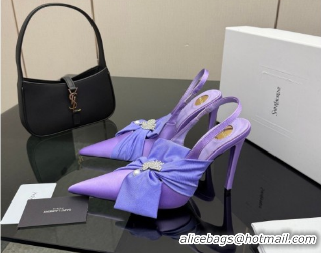 Comfortable Saint Laurent Dove Slingback Pumps 10.5cm in Satin with Bow Light Purple 2026 SL022404
