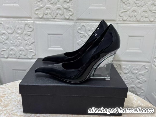 Purchase Saint Laurent Patent Leather Wedge Pumps 10.5cm with Clear Heel Black 2026 SL022405