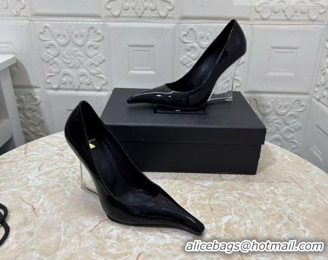 Purchase Saint Laurent Patent Leather Wedge Pumps 10.5cm with Clear Heel Black 2026 SL022405
