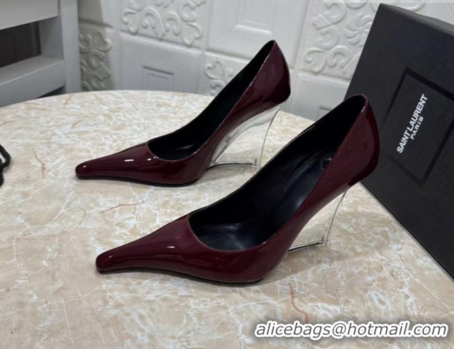 Classic Hot Saint Laurent Patent Leather Wedge Pumps 10.5cm with Clear Heel Burgundy 2026 SL022405