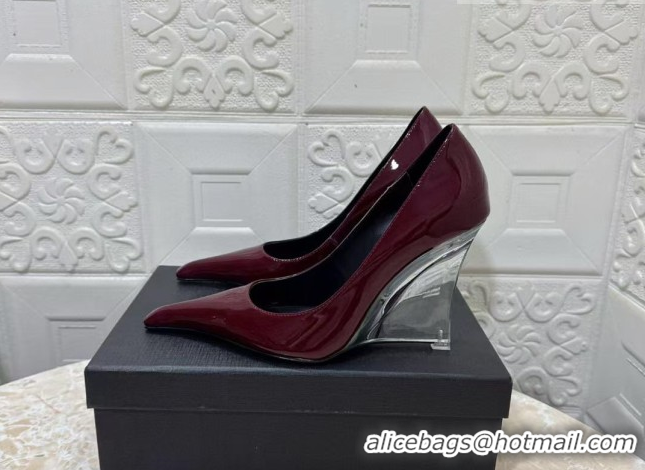 Classic Hot Saint Laurent Patent Leather Wedge Pumps 10.5cm with Clear Heel Burgundy 2026 SL022405